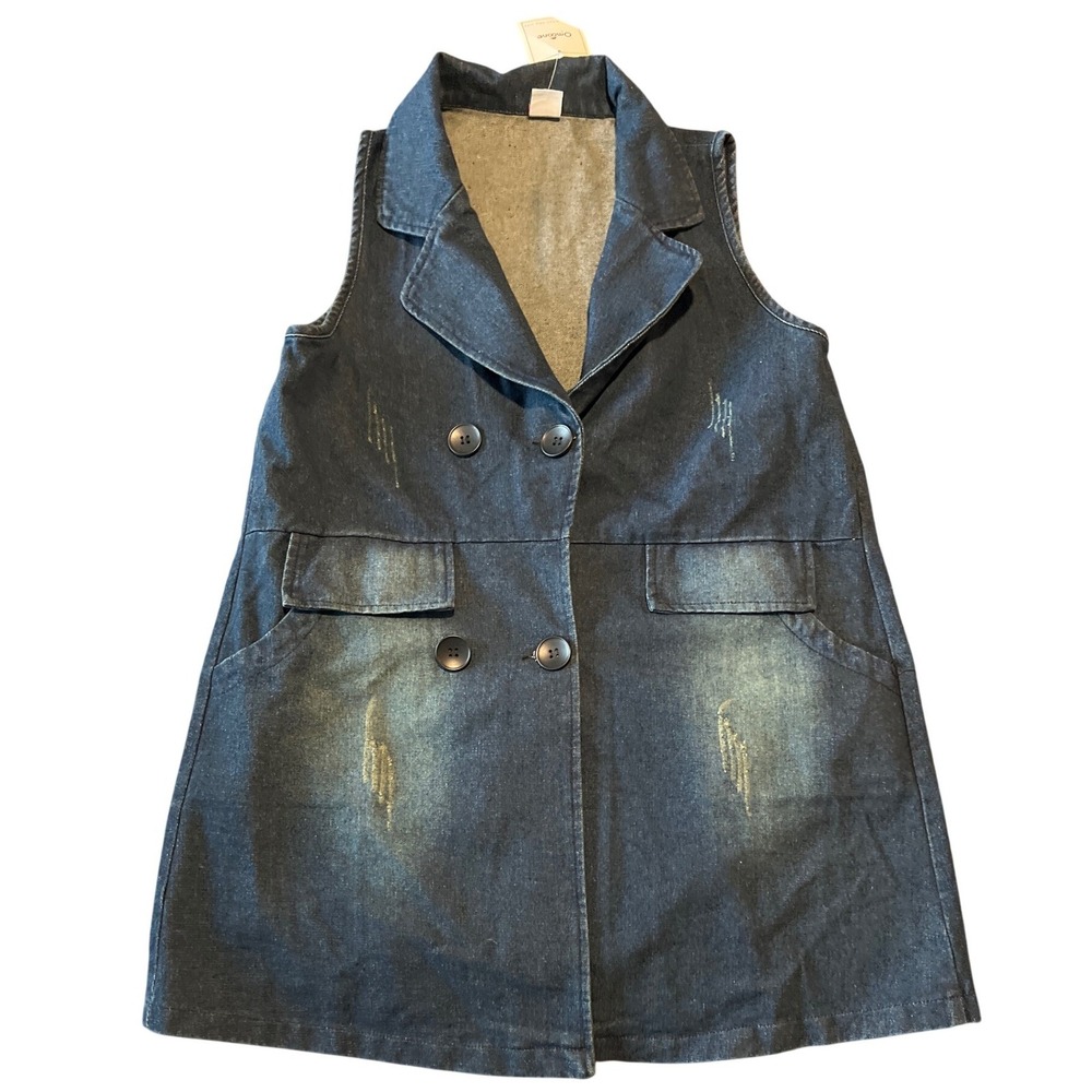 Omoone Womens‎ Distressed Denim Sleeveless Double Breasted Long Vest Dress Small